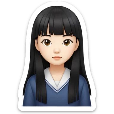 Asian schoolgirl with straight black hair, long length, and blunt bangs sticker