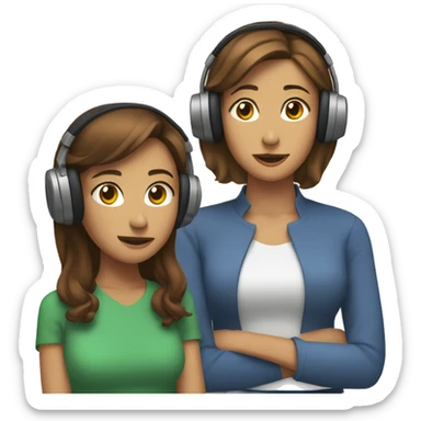 woman with brown, short hair wearing wired headphones sitting next to a woman with long brown hair resting her head on the other woman’s shoulder sticker