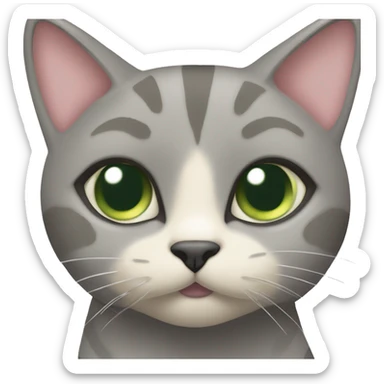 All grey and tan cat with cream pattern on her forehead. Green eyes and pink nose sticker