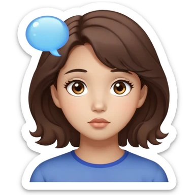 A brunnete haired girl with light skin and brown eyes and Korean soft makeup with a thinking bubble sticker