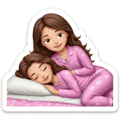 Brunette girl with long wavy brown hair with brown eyes and sleeping on a withe bed with cute pink pjs sticker