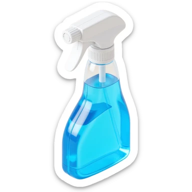 skeuomorphic 3D window cleaning spray bottle, realistic details, shiny plastic, clear trigger, blue liquid inside sticker
