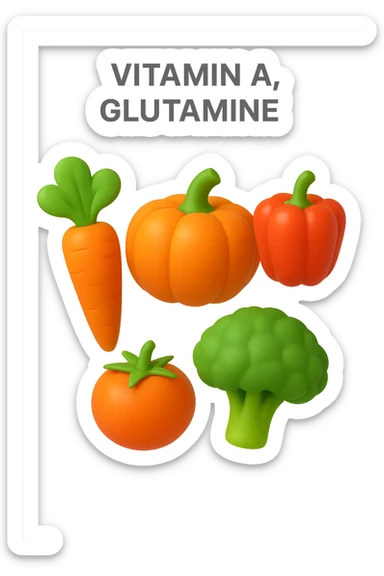 emoji 3d stile iphone di cinque cibi vegetali, vitamina A e glutammina che fluttuano in aria 3d sticker