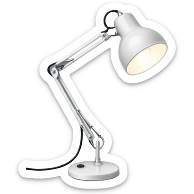 A small white desk lamp with a round base and a flexible, jointed neck. It leans forward playfully, like it’s alive, with a big circular light as its “head.” Iconic and full of character. sticker