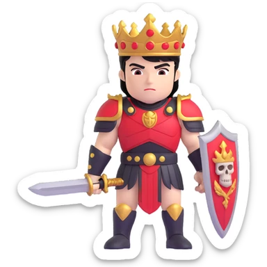 Muscular hero wearing black and red Greek armor with a skull shoulder pad and laurel crown. The hero has black hair with red and gold highlights, holding a red sword, standing confidently before a throne decorated with skulls and glowing yellow light. sticker