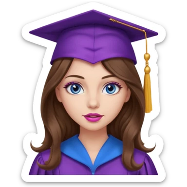 girl with very long wavy brown hair, blue eyes, long lashes makeup, sexy pink lips, wearing a purple graduation cap and gown sticker