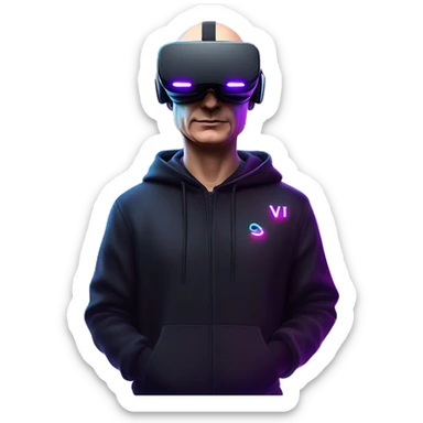 Putin wearing a black hoodie with "OMG" letters on it and VR headset oculus quest 2 in a cyberpunk VR environment with violet neon lighting. sticker