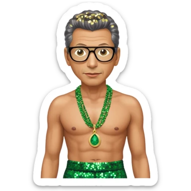 Jeff Goldblum with green sequin baggy pants, shirtless with necklace sticker