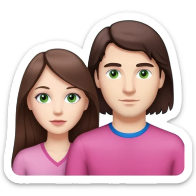 pink polaroid photo of a couple thats white with long brunette hair blue eyes and a white guy with short brunette hair and green eyes sticker