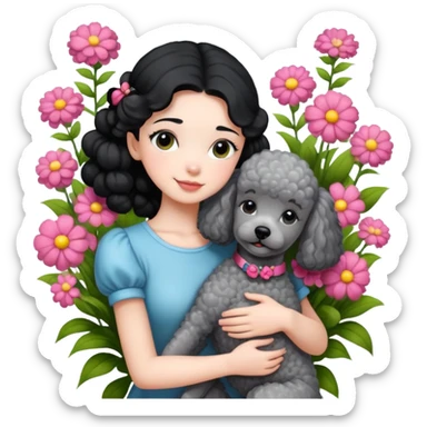 A beautiful girl with black ponytail and short sleeves happily hugs a gray poodle in the flowers sticker