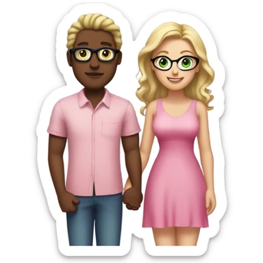 Curvy woman not wearing glasses with long blonde hair and green eyes wearing a pink dress and holding hands with a brown man with short curly black hair and glasses sticker