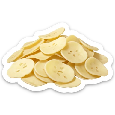 loose scatter of off-white potato flakes with irregular, lightweight shapes, slightly translucent dry texture, thin curled edges, uneven sizes, dehydrated instant mashed potato flakes, soft lighting, subtle shadows, emoji scale sticker