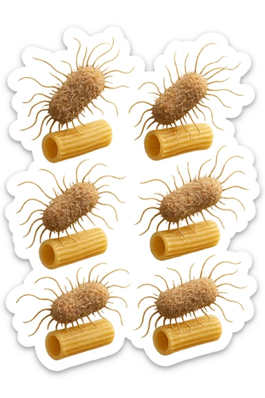 SEI BATTERI intestinALI FLUTTUANO IN ARIA CON PENNE DI PASTA RIGATE, IPERREALISTICO 4K sticker