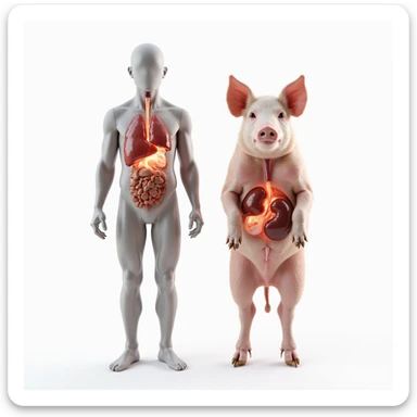 human and pig standing side by side on a white background, transparent overlays showing main internal organs heart lungs liver kidneys thyroid highlighted in both, educational hyperrealistic 4K style sticker