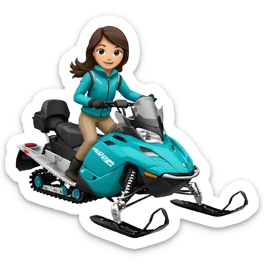 Can you create an emoji of a brunette girl on a teal polaris khaos 850 155 snowmobile action shot sticker