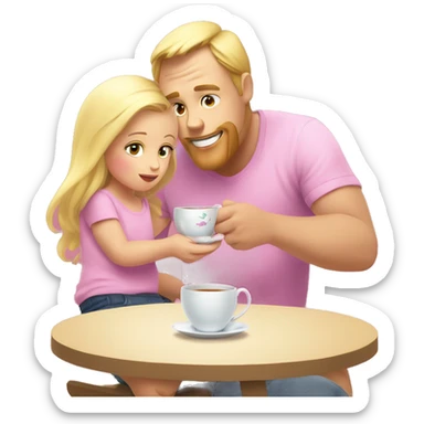 blonde dad drinks tea in pink cup with his babydaughter sticker