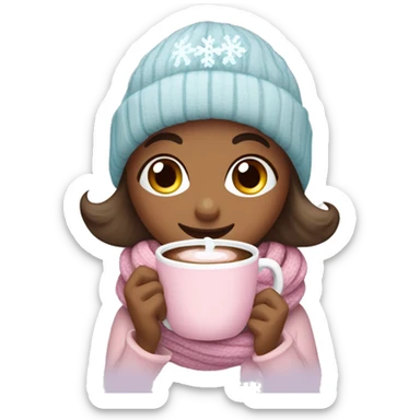 Create a cozy, feminine winter-themed emoji with pastel colors like pink and light blue. Include elements like a hot chocolate cup, scarf, sweater, and snowflakes, giving a warm, inviting winter vibe. sticker