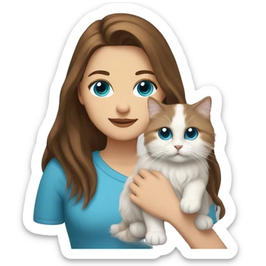 Woman with brown long hair, a beard and blue eyes holding a white Siberian cat sticker