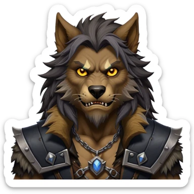 Cinematic Realistic WoW Worgen Portrait, depicted as a fearsome blend of man and beast, with rugged, dark fur intermingling with tanned, weathered skin. His piercing amber eyes and fierce expression are framed by disheveled hair and subtly detailed, worn leather attire in dark, consistent hues. Rendered with lifelike texture and dramatic, natural lighting, high shine, noble and formidable, capturing the primal nobility of a legendary worgen warrior. sticker