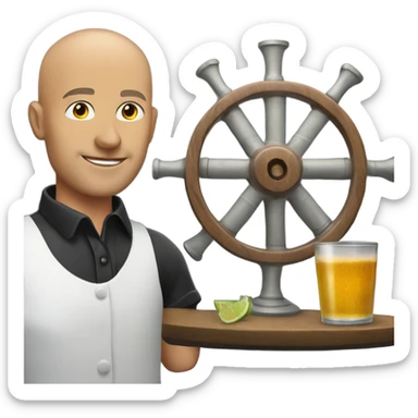 bald bartender next to a shot wheel sticker