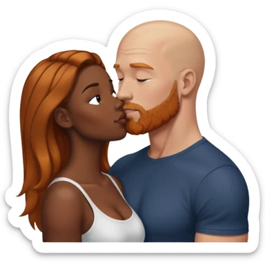 Dark black women with balayage hair kissing muscular white bald man with ginger beard sticker