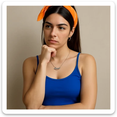 Create a hyperrealistic 4K image of a thoughtful woman, almost full figure, with her hand under her chin, inspired by the reference image. She has a reflective expression and a neutral background. This is variant 3 with a slightly changed body position. sticker