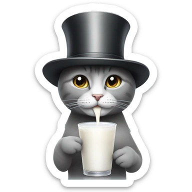 cute grey carton cat drinking a carton of milk and wearing a top hat sticker