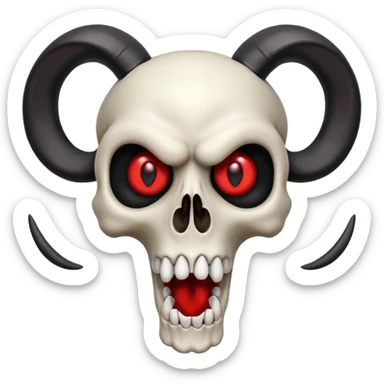 stylized skull with dramatic black ram horns, bright red eyes, big open mouth, playful, eye-catching sticker