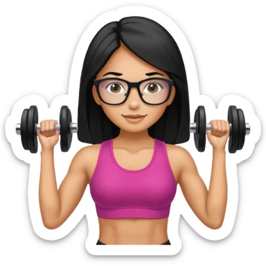 Mujer fitness usando mancuernas con lentes de marco delgado y cabello largo negro sticker