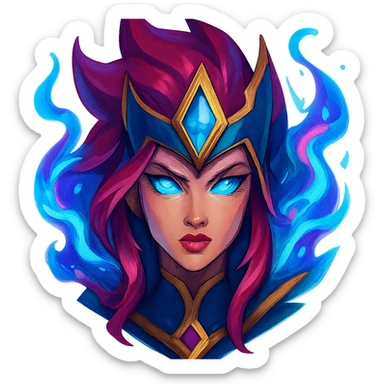 headshot of a League of Legends champion face, different gender, magical elements, bold colors sticker