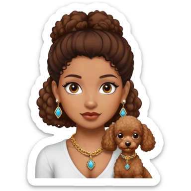 A girl with brown skin has earrings, a necklace, tattoos, and a miniature Poodle. sticker