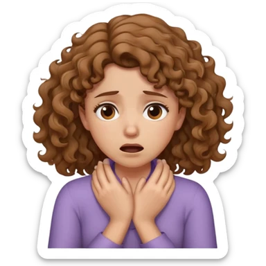girl clutching her neck in a choking motion with both hands, she looks irritated but only slightly. she has brown wavy/curly hair  sticker