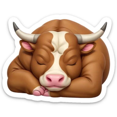 Meme-Worthy Cute Sleeping Domestic Bull Portrait Emoji, Head resting peacefully with a contented smile, showcasing a robust, muscular build and a luxuriously soft coat, eyes gently closed in serene, restful slumber, Simplified yet hilariously adorable features, highly detailed, glowing with a soft, drowsy natural light, high shine, relaxed and utterly lovable, stylized with an air of playful laziness, soft glowing outline, capturing the essence of a sleeping domestic bull that feels destined to become the next viral sensation of adorable rest! sticker