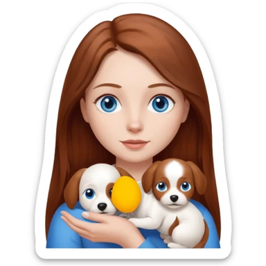 long hair chestnut color blue eyes woman holding small plain white dog sticker