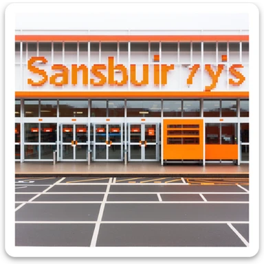 Isometric view of a Sainsbury's supermarket building with orange signage, large glass entrance, shopping trolleys, and car park with parent-child parking spaces sticker