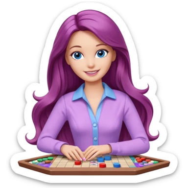 beautiful barbie girl with long brown hair, blue eyes and wearing light purple clothes playing board games sticker