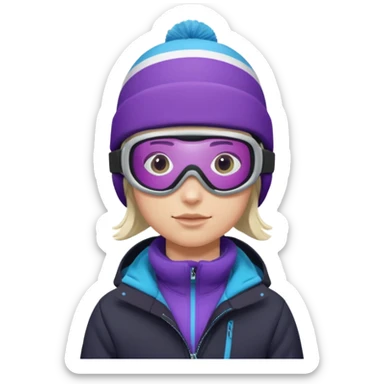 Pro Snowboarder with white and grey beanie, purple and blue frameless goggles on and a black jacket sticker