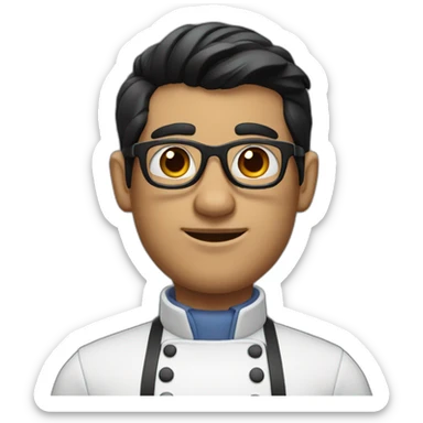 Barber with black hair, glasses, leather apron and large nose sticker