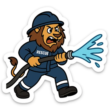 Change the fireman uniform to a rescue firefighter suit, keep the lion spraying water, dynamic action, bold lines, no background. sticker