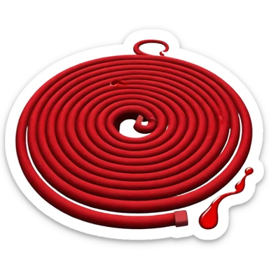 Minimalist emoji-style sticker of a coiled red carpet with drops of blood on the floor around it. Flat design, black and desaturated red tones, no perspective, bold lines. sticker