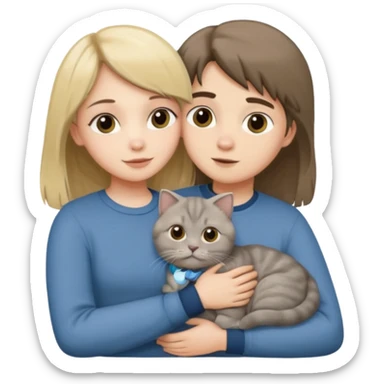 Long Blonde girl and brunette boy hugging one grey scottish fold cat sticker