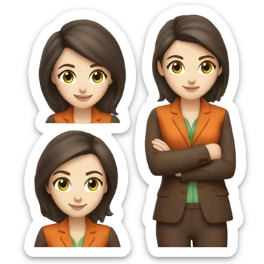 woman, green eyes, pale white skin, chocolate brown hair, orange business suit sticker