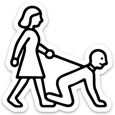 stylized icon of a woman walking with a man on a leash, minimal details, clear expressions, transparent background sticker