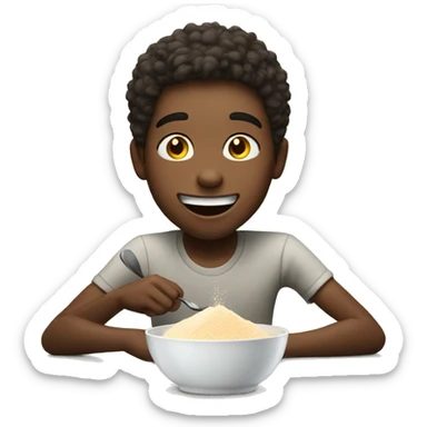 boy enjoying meal with powder whithe sticker