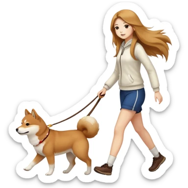 A long-haired girl walking a Shiba Inu sticker