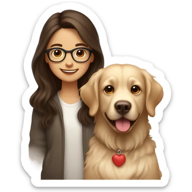 Smiling girl with long dark wavy brown hair and red glasses next to a small shaggy beige Labrador dog sticker