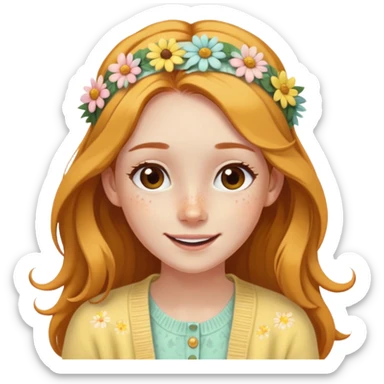  A freckled girl with long hair, a floral headband, and a pastel yellow cardigan, looking joyful. sticker