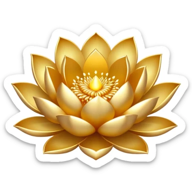 Emoji of a golden lotus flower with shimmering petals and a mystical glow. Tiny golden sparks float around it, symbolizing spiritual enlightenment. A pure white background. sticker
