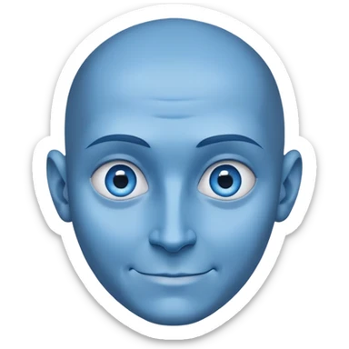 a character with blue skin and a huge forehead - twice the size of the face, the shape of the head is like a rounded inverted triangle. He has a smooth bald head. a sly, intelligent smile. Close-up. Blue eyes sticker