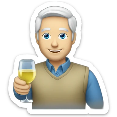 a caucasian man with blue eyes and grey hair, toasting with a glass of white wine sticker